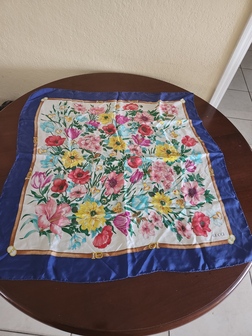 Gucci Blue-Trim Floral Silk Scarf with Multicolor Bouquet